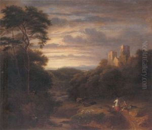 An Extensive Wooded River Landscape, With Figures And Cattle In The Foreground And A Church Beyond An Extensive Wooded River Landscape, With Figures And Cattle In The Foreground And A Church Beyond