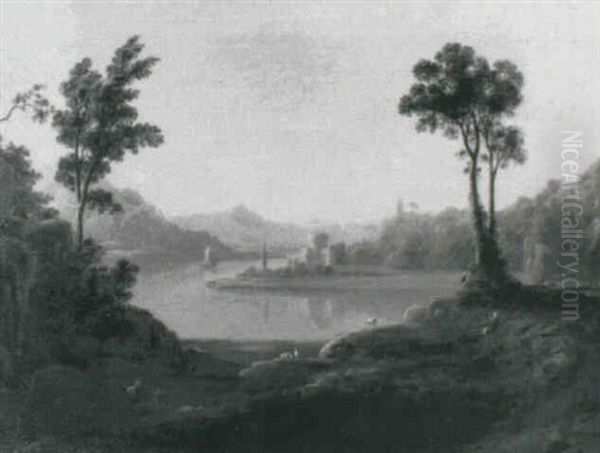 An Extensive Lake View, With A Figure And Goats In The Foreground - view 1