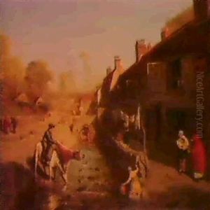Figures At A Stream Before Terraced Houses. by Francis Danby