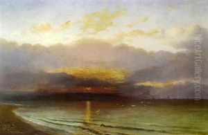 Seascape At Sunset With Distant Shipping by James Francis Danby
