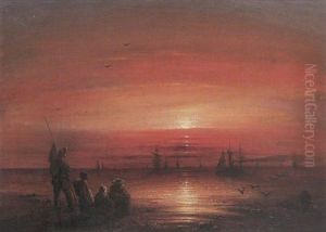 Figures In A Coastal Landscape With Shipping by James Francis Danby