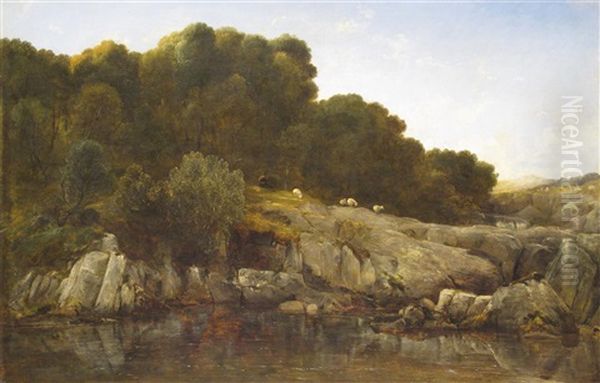 Shepherd And Sheep By A Rocky Mountain Pool - view 1
