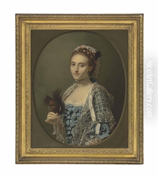 Portrait Of Olive Craster (d. 1769), Half-length, In A Blue Dress With Ribbons And A Lace Shawl, With A Pearl Necklace And Flowers In Her Hair, Holding A Squirrel, In A Feigned Oval - view 1