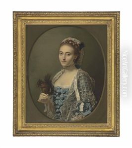 Portrait Of Olive Craster (d. 1769), Half-length, In A Blue Dress With Ribbons And A Lace Shawl, With A Pearl Necklace And Flowers In Her Hair, Holding A Squirrel, In A Feigned Oval