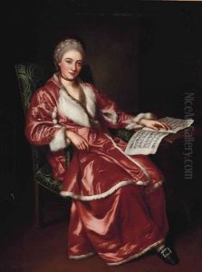 Portrait Of A Lady Traditionally Identified As Madame Katinka, Full-length, In A Red Fur-lined Jacket And Dress, Her Left Hand Resting On A Musical Score