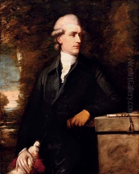 Portrait Of George Augustus Frederick Lake, In A Black Coat, His Arm Resting On A Pedestal, A Dog In A Landscape - view 1