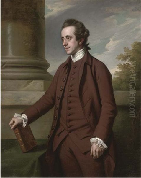 Portrait Of William Baker, M.p. Of Bayfordbury Manor, Hertford, In A Brown Suit, His Right Hand Holding A Volume Of Milton, By A Column In A Landscape - view 1