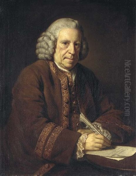 Portrait Of A Gentleman In A Brown Coat With Gold Embroidery, Seated, Writing With A Quill - view 1