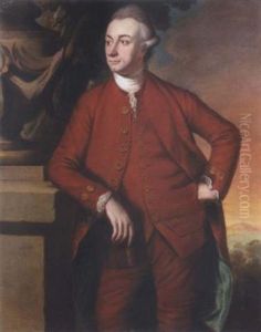 Portrait Of A Gentleman Standing In A Landscape, Wearing A Red Coat Waistcoat And Breeches, Holding A Book In His Right Hand And Leaning On A Stone Plinth