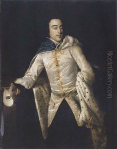 Portrait Of A Gentleman (john Palmer?) Wearing A Blue Cloak With Fur Lining And Holding A Mask In His Right Hand