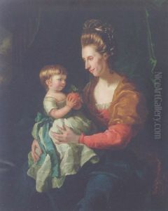 Portrait Of Elizabeth, Lady Pennyman, In A Red Dress, Resting A Child On Her Lap Holding An Orange, A Column Beyond