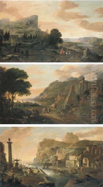 Italianate Capriccio Landscape With An Elegant Couple Riding In The Grounds Of A Country Villa (+ 2 Others; Set Of 3) - view 1