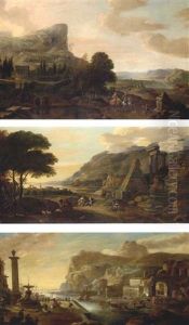 An Extensive Landscape With An Elegant Couple Riding In The Grounds Of A Country Villa (+ A Coastal Landscape With Peasants Dancing Near Ruins; + A Harbour Scene With Numerous Figures; 3 Works) by Hendrick Danckerts