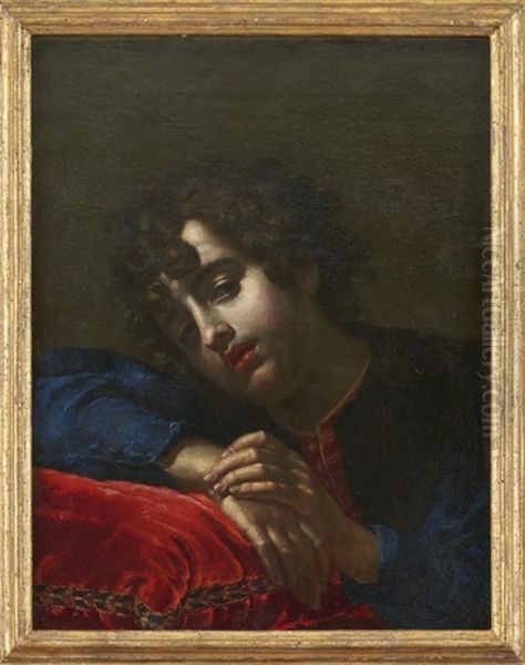 Portait D'un Jeune Homme Appuye Sur Un Coussin Rouge - view 1