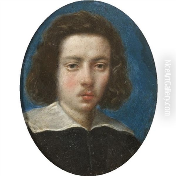 Portrait Of A Gentleman, Head And Shoulders, Wearing Black With A White Ruff, With A Blue Background - view 1