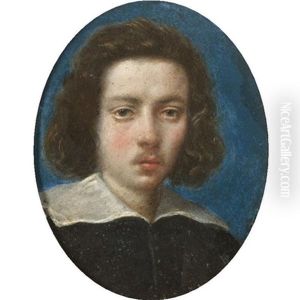 Portrait Of A Gentleman, Head And Shoulders, Wearing Black With A White Ruff, With A Blue Background by Cesare Dandini