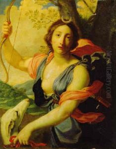 Diana Mit Ihrem Hund In Einer Bewaldeten Landschaft by Cesare Dandini