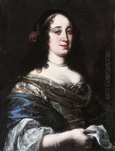 Portrait Of A Lady, Vittoria Della Rovere (?), Half-length, In A Blue And White Dress, Holding A Sheet Of Music by Vincenzo Dandini