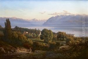 Coucher De Soleil Sur Le Lac Leman by Frederic Francois Dandiran