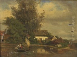 Cour De Ferme Animee De Paysans by Auguste Dandoy