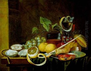 Stilleben Mit Sudfruchten, Austern Und Glasern Mit Wein by Jan Baptist Dandoy