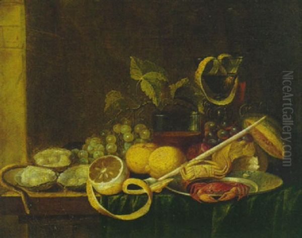 Stilleben Mit Austern, Zitronen, Trauben Und Anderem Auf Zusammengeschobener Tischdecke Auf Einem Tisch - view 1