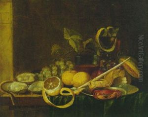 Stilleben Mit Austern, Zitronen, Trauben Und Anderem Auf Zusammengeschobener Tischdecke Auf Einem Tisch by Jan Baptist Dandoy