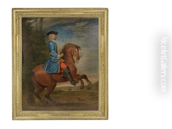 Portrait Of A Gentleman, Full-length, In A Blue Coat And A Tricorn Hat, On Horseback - view 1