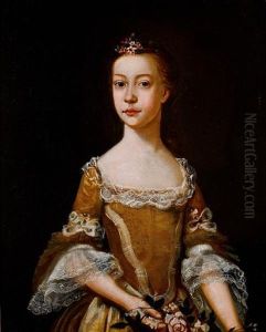 Portrait Of A Young Girl In A Gold Dress With Lace Trim, Holding Flowers thumbnail