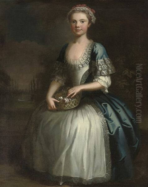 Portrait Of A Girl In A Blue Dress And Pink And White Lace Bonnet - view 1