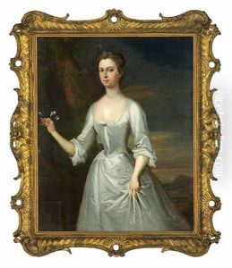 A Portrait Of A Lady, In A White Dress, Holding A Sprig Of Flowers A Portrait Of A Lady, In A White Dress, Holding A Sprig Of Flowers