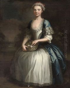 Portrait Of A Girl In A Blue Dress And Pink And White Lace Bonnet, Holding A Basket Of Flowers, In A Formal Garden by Bartholomew Dandridge