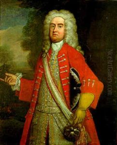 Portrait Of A Bewigged Gentleman, Wearing A Scarlet Coat And With Troops Amassed Beyond