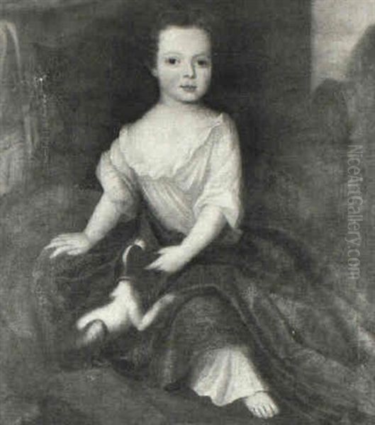 Portrait Of A Child Seated, Full Length, Wearing A White Dress And Green Cloak, With A Dog On A Red Cushion... - view 1
