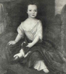 Portrait Of A Child Seated, Full Length, Wearing A White    Dress And Green Cloak, With A Dog On A Red Cushion... by Bartholomew Dandridge