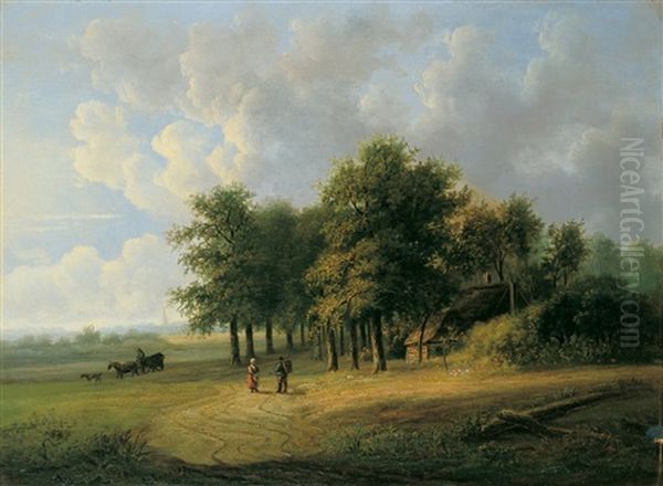 Flache Baumbestandene Landschaft Mit Wanderern - view 1