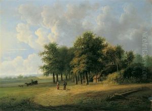 Flache Baumbestandene Landschaft Mit Wanderern