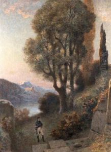 Homme Contemplant Des Ruines Dans Un Paysage De Montagne by Henri Camille Danger