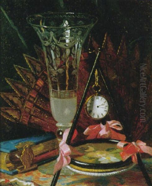 Biederliches Stilleben Mit Goldener Taschenuhr, Kelchglas, Spiegel Und Buch Auf Einem Tisch Arrangiert - view 1