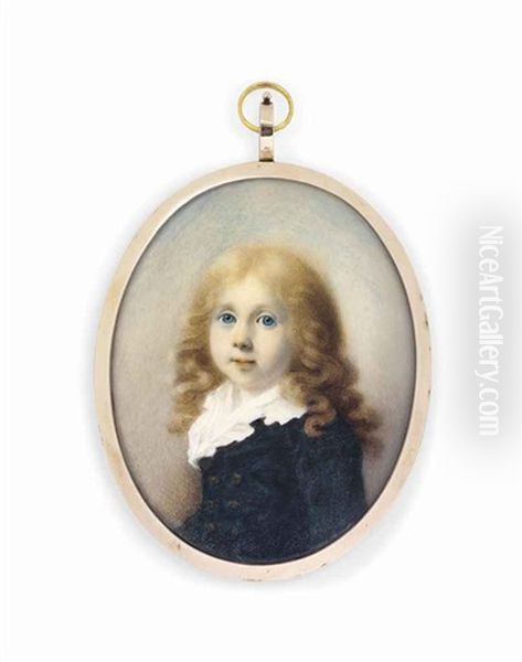 A Young Boy, In Dark Green Coat, The Frilled White Collar Of His Shirt Visible, Blue Eyes And Long Blonde Curling Hair - view 1