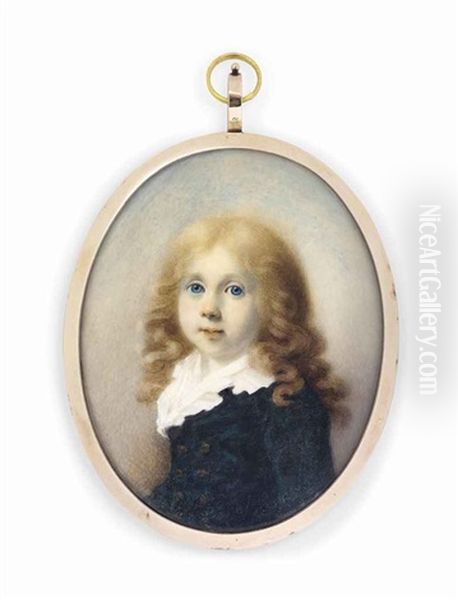 A Young Boy, In Dark Green Coat, The Frilled White Collar Of His Shirt Visible, Large Blue Eyes And Long Blonde Curling Hair - view 1