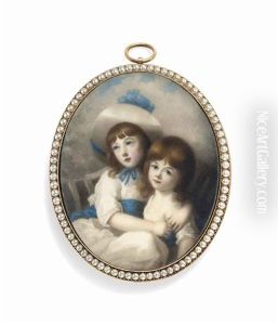 Two Girls, Both In White Dresses, One In A White Broad-brimmed Hat Tied With Blue Ribbon, And A Blue Sash, Sitting On The Lap Of The Other; Sky Background