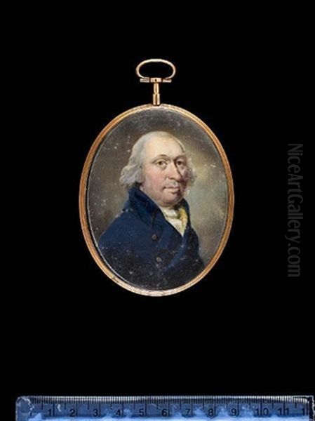 A Gentleman, Wearing Double-breasted Blue Coat With Brass Buttons Over Yellow Striped Waistcoat With Tied White Stock, His Hair Powdered - view 1
