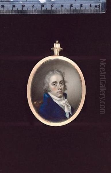 A Gentleman, Seated On A Wooden Chair, Wearing Blue Coat, White Waistcoat With Blue Cross Pattern, Tied White Cravat, His Hair Powdered - view 1