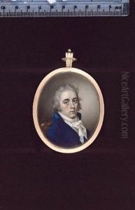 A Gentleman, Seated On A Wooden Chair, Wearing Blue Coat, White Waistcoat With Blue Cross Pattern, Tied White Cravat, His Hair Powdered
