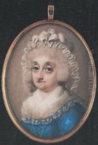 A Lady Wearing Blue Dress With Ribboned Corsage And Lace-trimmed White Fichu, A Large Indoor Bonnet Over Her Powdered Hair