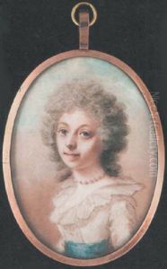 A Lady Wearing White Dress With Wide Frilled Collar And Blue Waistband, A String Of Pearls At Her Neck, Her Hair Powdered