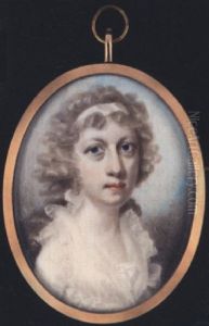A Lady, Wearing White Bandeau In Her Powdered Hair And White Dress With Frilled Collar