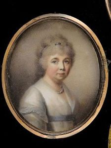 A Lady, Wearing White Dress With Lilac Sash, The Sleeves Trimmed With Lace, A Lilac Bandeau In Her Powdered Hair