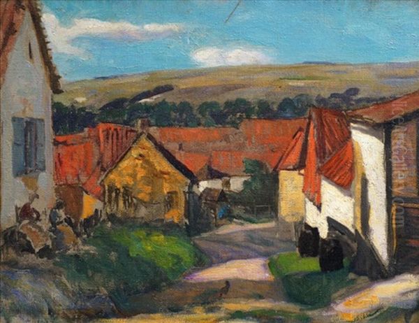 Figures Seated Outside Cottages Along A Village Track - view 1